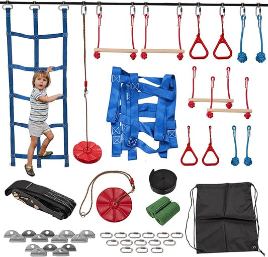 Slsy Ninja Warrior Obstacle Course for Kids, 50FT Durable Ninja Slackline Kit with 8 Accessories, Playset Equipment for Boys & Girls with Swing, Climbing Net, Ladder & Monkey Bars
