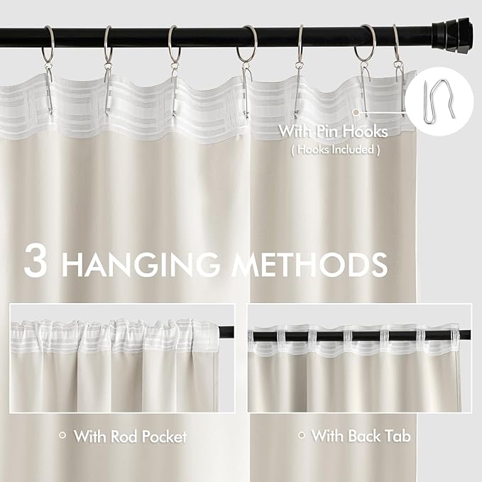 MIULEE Ivory Back Tab Blackout Curtain 96 Inch Long 2 Panels Set for Bedroom, Rod Pocket/Pinch Pleat Thermal Insulated Living Room Darkening Pleated Light Blocking Floor to Ceiling Drape