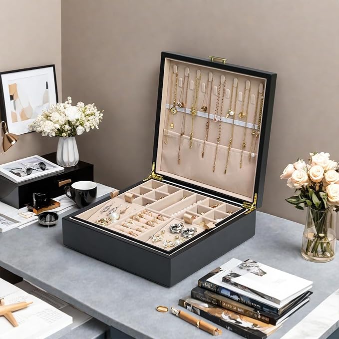 2-layer jewelry box，Jewelry Organizer with Handle，with hanging necklace hooks, detachable jewelry trays, suitable for storing a large amount of jewelry gift box (Large-Black)