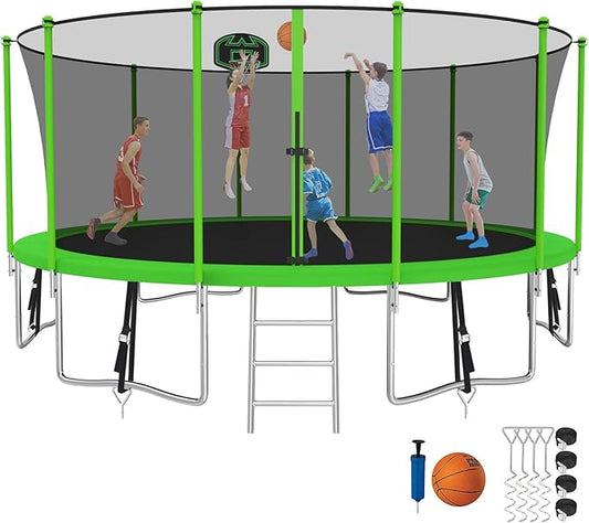 SKYUP Tranpoline 1500LBS 16 15 14 12 10 8 FT Tranpoline for 7-10 Kids and Adults, Windproof Outdoor Tranpoline with Enclosure Net, Basketball Hoop, Easy to Install & Last Long - ASTM Approved
