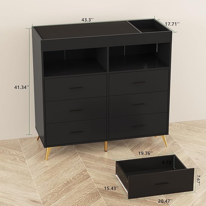 GarveeHome Dresser for Bedroom with 6 Drawers, Baby Changing Table Dresser with Changing Pad, LED Lights & Charging Station, Baby Changing Station with Changing Table Top, Black