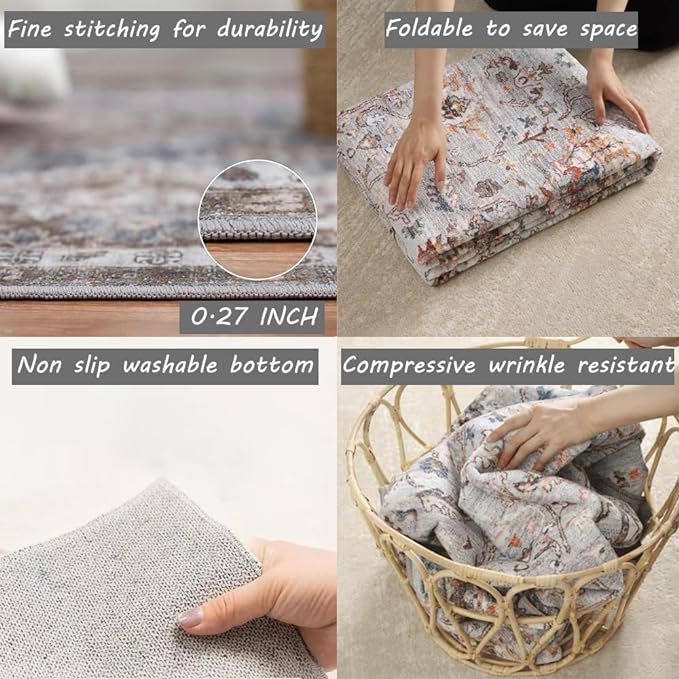 Area Rug 2x3 Washable Rug Door Mat Vintage Distressed Taupe Doormat Indoor Entrance Traditional Thin Floral Print Non Slip Carpet for Kitchen Bathroom Bedroom Living Room