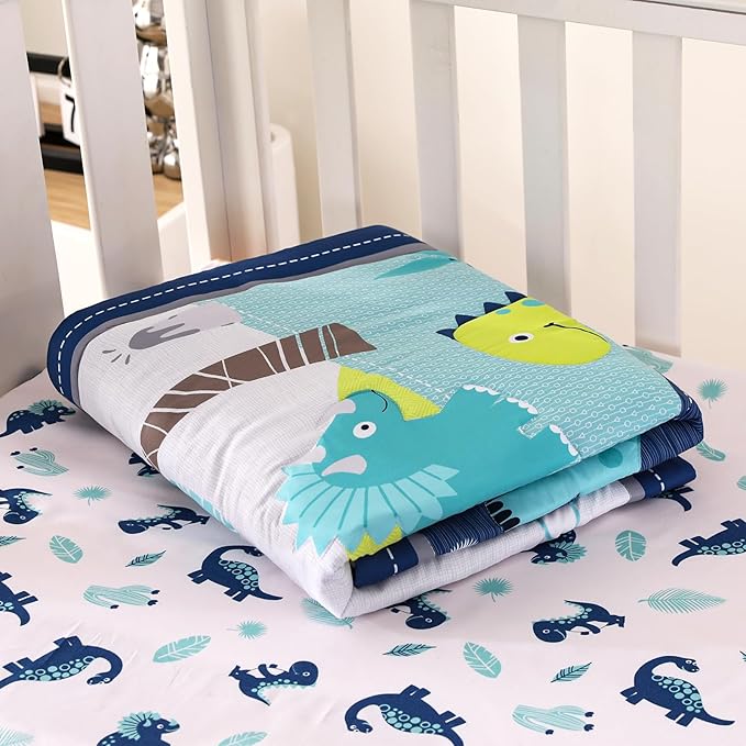 Wowelife Dinosaur Mini Crib Bedding Set for Boys Blue Premium 3-Piece Baby Bedding Sheet Set Dinosaurs Nursery Crib Set Crib Comforter Set Breathable and Soft for Baby