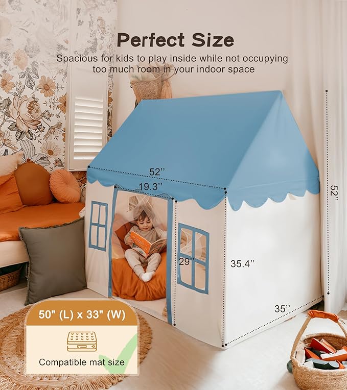 Play Tent with Mat, Star Light Large Kids Playhouse with Windows Easy to Wash, Indoor and Outdoor Play Tents for Kids, Little Dove Toys for Girls, Boys, 47x40x52 (Blue Playhouse, Large Size)