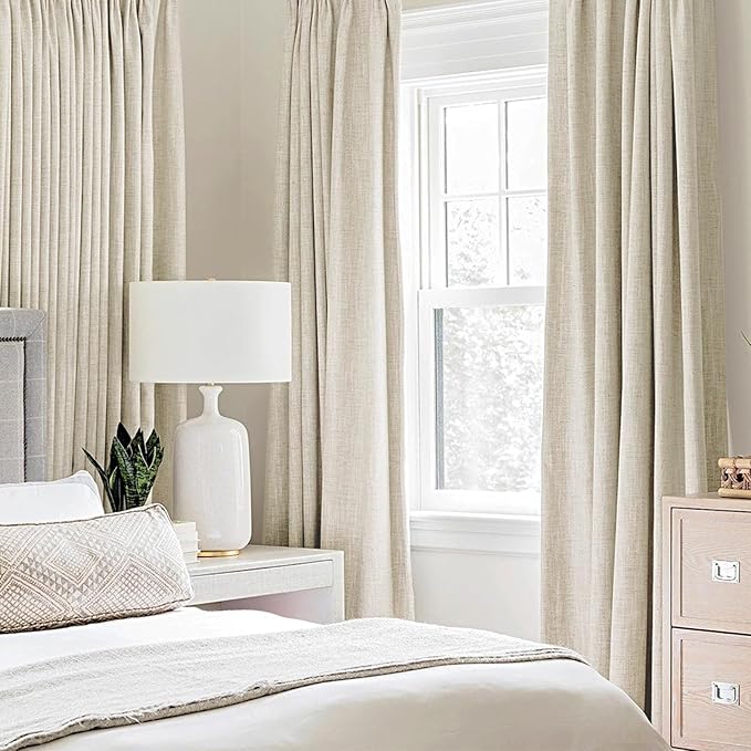 MIULEE 100% Blackout Linen Textured Curtains for Bedroom Solid Thermal Insulated Cream Grommet Room Darkening Curtains & Drapes Luxury Decor for Living Room Nursery 52 x 120 Inch (2 Panels)