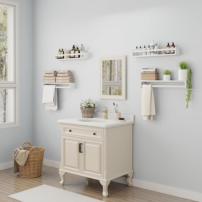 Heimlove Nursery Floating Shelves, White Nursery Book Shelves for Wall, 24 inch Wall Bookshelf for Kids Solid Wood Wall Mounted Shelves for Books,Toys and Decor Storage, Set of 3