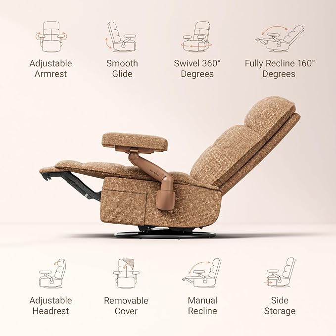 Nursery Swivel Glider Recliner Chair with Adjustable Armrests & Headrest, Rocking Chair Nursery with Removable Cover for Breastfeeding, FSC & Oeko-TEX Certified, Brown