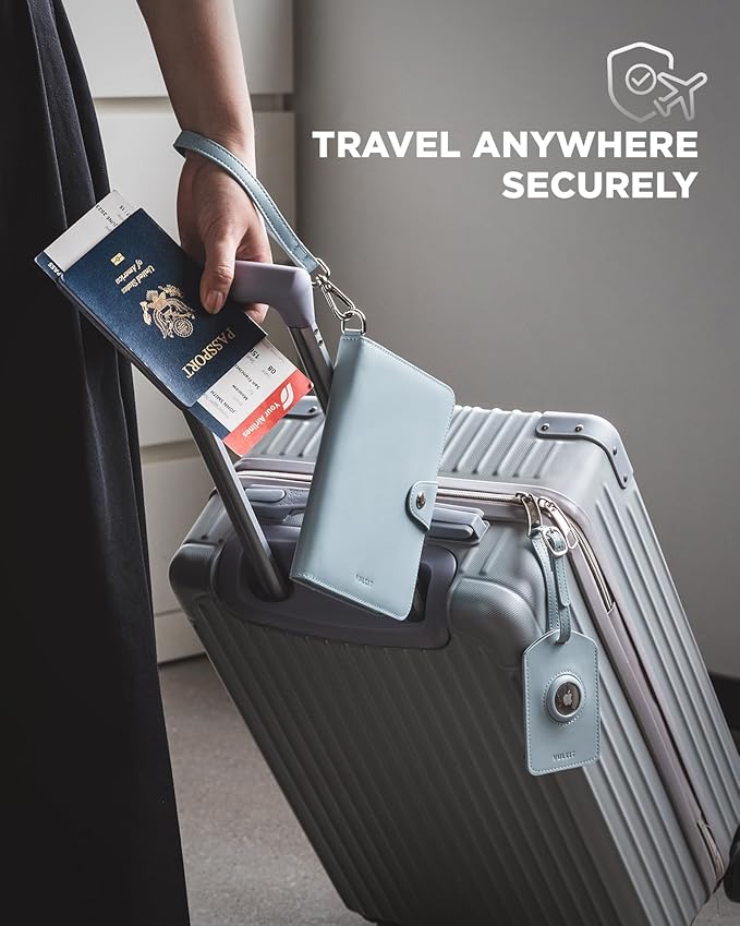 VULKIT Airtag Passport Holder for Travel, RFID Blocking Travel Wallet, Passport Cover for Family with Luggage Tag & Wrist Strap, Holds ID Card, 6+ Cards, Tickets, Cash, Coin, Blue, Family 4 persons