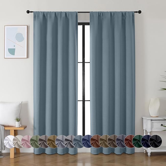 Simplebrand Ava Stone Blue Blackout Curtains for Bedroom 72 Inch Length 2 Panels, Privacy Thermal Insulated Rod Pocket Door Window Curtains for Patio French Door Front Door, W40 x L72 Inch, Stone Blue