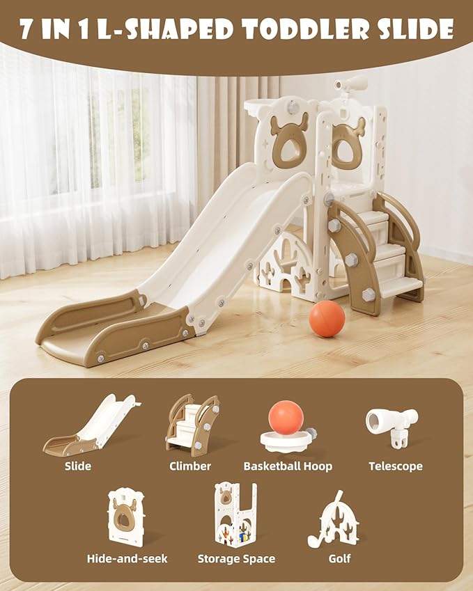 XJD 7 in 1 Toddler Slide, Kids Indoor Slide for Toddlers 1-3, New Upgrade with Golf, Basketball Hoop for Indoor Outdoor Playset,Toddler Playground (White Brown)