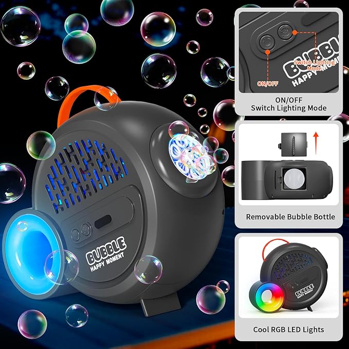 Rechargeable Bubble Machine with Upgrade RGB LED 16 Million Colors, 20000+ Bubbles Per Minute, Portable Bubble Maker for Kids, Weddings, Birthday Parties, Outdoor, Plug in or Battery Power