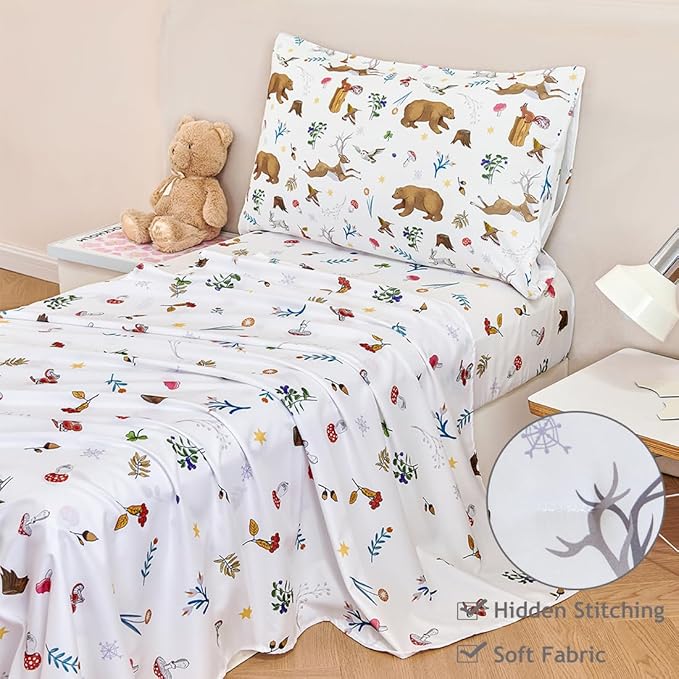 PERFEMET Kids Comforter Sets Twin 4 Pieces Cartoon Woodland Animal Print Bedding for Boys Girls Soft Reversible Bear Deer Forest Theme Children Bedroom Set with Sheets for All Season Use