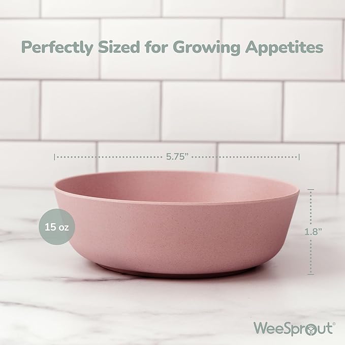 WeeSprout Bamboo Kids Bowls, Set of Four 15 oz Kid-Sized Dinnerware, Cereal, Leftovers & Snack Bowl, Dishwasher Safe (Pink, Green, Gray, & Beige)