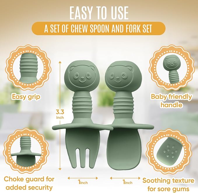 4pc Silicone Baby Spoons Self Feeding Baby Utensils 6-12 Months - 3 Baby Spoon - 1 Baby Fork - Toddler Cutlery Set - BPA Free, Dishwasher Safe - Baby Eating Essentials (Turquoise/Pickle)