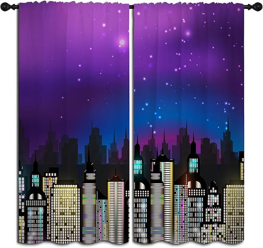 Superhero Rod Pocket Blackout Curtains for Boy Girl Bedroom, Super City Skyline Buildings Night Panorama Thermal Insulated Home Window Drapes for Living Room Darkening, 72x63 inch