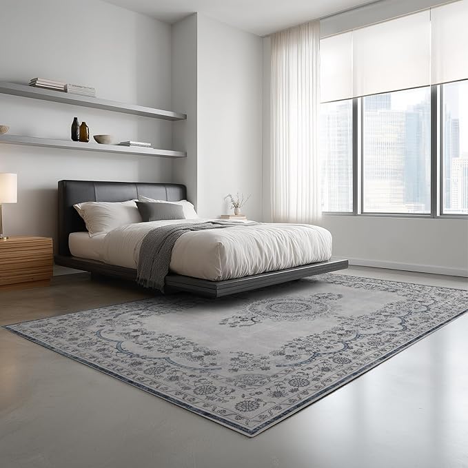 Washable Rugs 5x7 Area Rugs for Living Room, Thin Carpet for Bedroom, Soft Faux Wool Retro Dining Room Rug，Non Slip&Non-Shedding Resistant Low Pile Vintage Print Rug for Home Office (Grey/Blue)