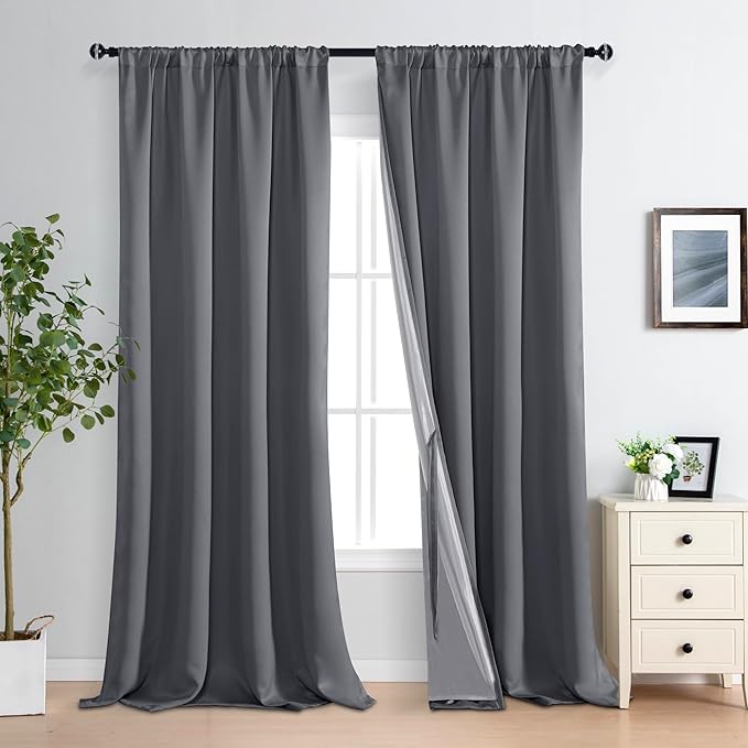 XWZO 100% Blackout Curtains 95 Inches Long with Tiebacks- Rod Pocket Privacy Protection & Noise Blocking Window Draperies with Black Liner for Bedroom/Living Room, Dark Grey, W52 x L95, Set of 2