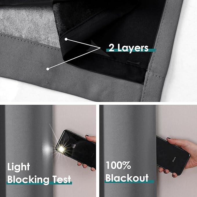 ChrisDowa 100% Blackout Curtains for Bedroom with Black Liner, 2 Thick Layers Total Blackout Thermal Insulated Grommet Window Curtains 2 Panels Set (Grey, 52 x 84 Inch)