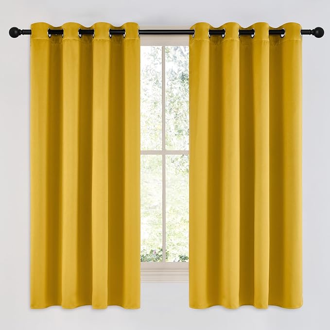 NICETOWN Room Darkening Gold Curtains 63 inch Length 2 Panels - Grommet Top Sound Reduction Privacy Faux Silk Satin Thermal Drapes for Bedroom/Living Room, W52 x L63