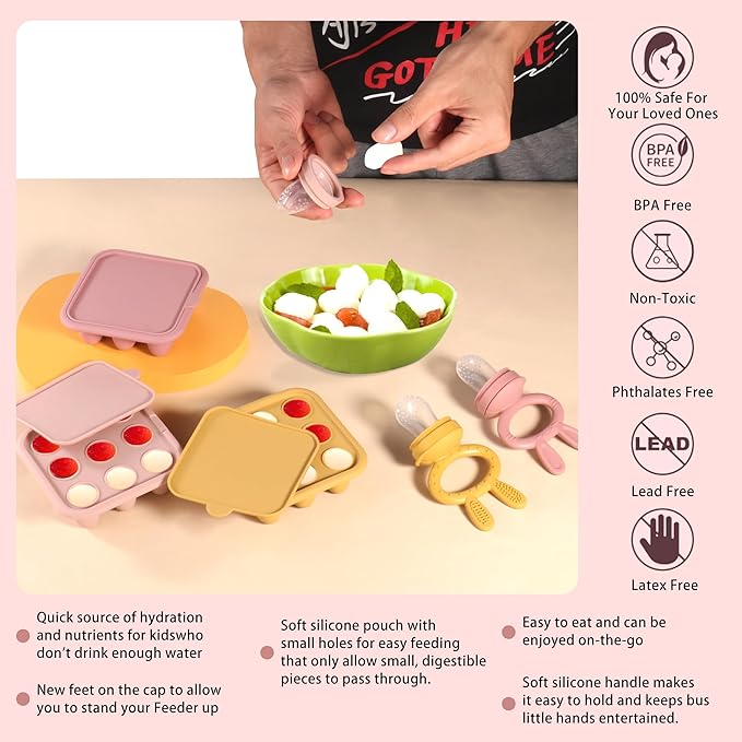 WAJIAYON Baby Food Freezer Tray Silicone Nibble Freezer Tray,Baby Fruit Food Feeder Teether,Breastmilk Popsicle Mold,Babies Breast Milk Teether Pop Maker Maker for Homemade Infant Meals-Pink