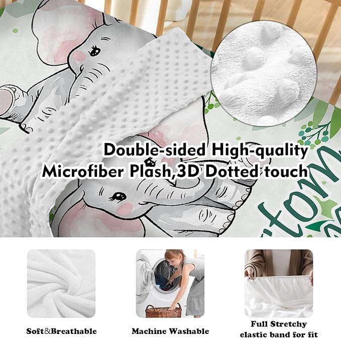 Personalized Baby Crib Bedding Set, Green Elephant Design Custom Name Baby Crib Sets 5-Pcs, Toddler Double Layer Blanket Fitted Sheets Changing Pad Cover Rug Wall Art Set, Charming Nursery Decor