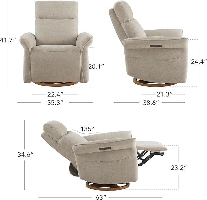 CHITA Power Recliner Chair, Electric Triple-Motor Swivel Glider Nursery Rocking Chair with Adjustable Power Headrest and Lumbar Support, GREENGARD Gold Certified, Solid Wood Base, Khaki Grey