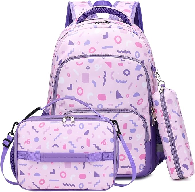 mygreen 3PCS Kids Backpack Set - Waterproof Bookbag with Lunch Box for Girls Ages 3-12, Adorable Cartoon Prints for School & Outdoor Use Purple