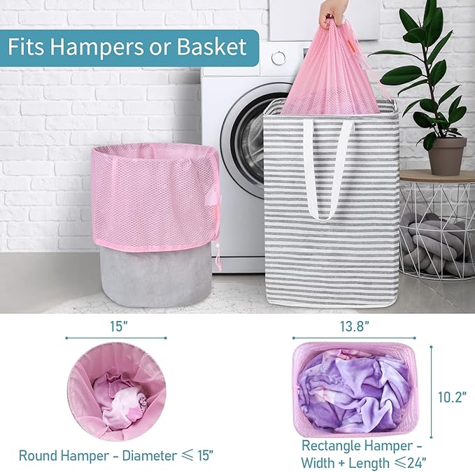 Polecasa Heavy Duty Large Mesh Laundry Bags with ID Tag and Locking Drawstring Closure - 2 Pack, 24 x 36 inches - Laundry Hamper Liner, Washable Laundry Bag for Travel, Sports, Dorms (Pink)