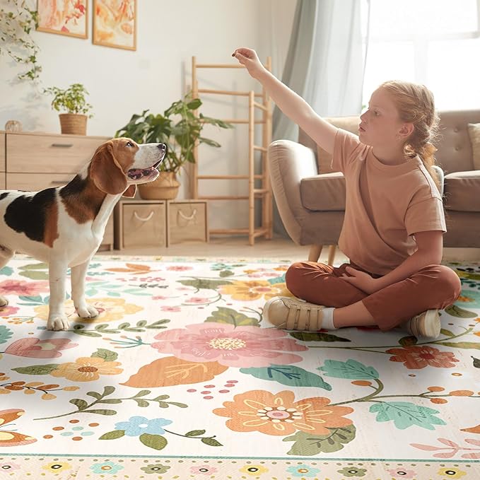 Floral 2x6 Area Rug Machine Washable Soft Print Boho Carpet Non Slip Doormat Low Pile Flower Area Rugs for Living Room Bedroom Nursery Kitchen Dining Room Indoor-Beige/White/Orange