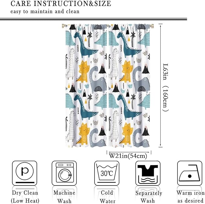 Kids Dinosaur Curtains for Boys Girls Bedroom Decor Cartoon Dino Colorful Cute Funny Wildlife Animal Printed Blackout Rod Pocket Window Drapes for Baby Nursery Playroom Living Room W21xL63in 2 Panels