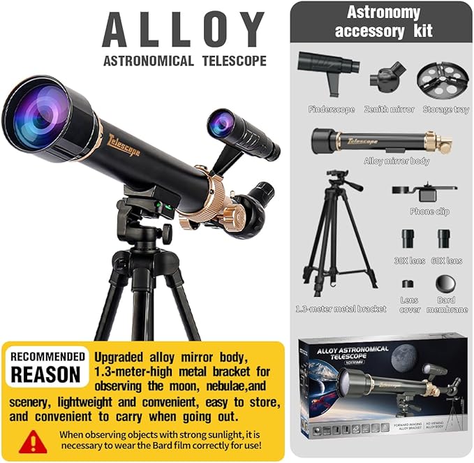 Telescope for Kids& Adults with 60X/30X Lenses, Adjustable Alloy Tripod, Mobile Phone Holder, 360° Gimbal Mount for Stargazing and Nature Viewing,Suitable for Astronomy Enthusiasts