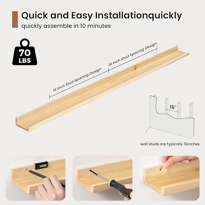 Picture Ledge Shelf, Solid Pine Wood Floating Shelves Set of 2, 48 Inches Nursery Book Shelves for Toys Storage, Kids Bookshelf Wall Mounted for Living Room Decor Photo Frames, Unfinished Natural