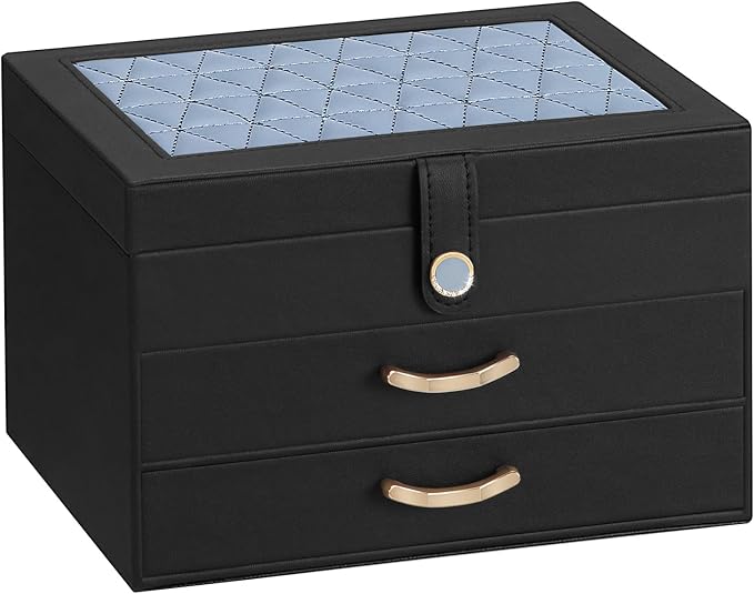 Black Jewelry Box Organizer: Home Decor for Women - 2-Drawer Holder for Valentine’s Day Birthday Christmas Black Grey-Blue