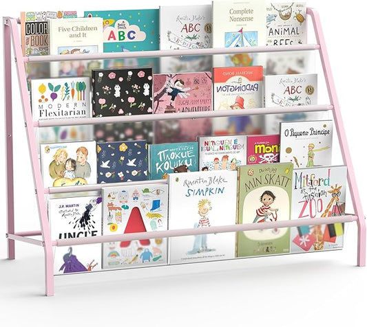 High-Transparent 4 Tier Kids Bookshelf, Sturdy Metal Large Size Book Rack Storage for Kids - Toddler Book Shelf Display for Nurasery, Playroom or Kids Room, Bookshelf Hold More Books - Pink