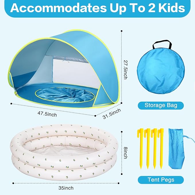 Baby Beach Tent Canopy: with Inflatable Kiddie Swimming Pool Toys - UPF50+ UV Protection Pop Up Sun Shelter Tent & Small Pool - Beach Essentials for Infant Toddlers