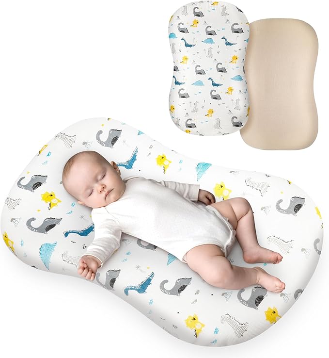 Muslin Baby Lounger Cover for Snuggle Me Organic Lounger/Baby Lounger/Organic Cotton Handmade Cover for Infant/Toddler Lounger/Nursing Pillow(White with Dinosaur, Wheat)