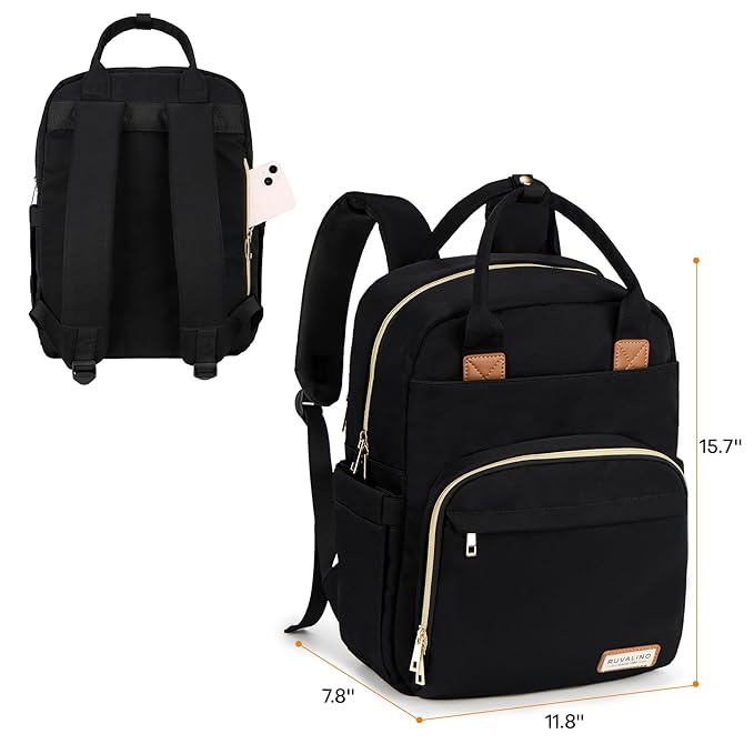 RUVALINO Diaper Bag Backpack-Multifunction Baby Travel Bag, Insulated Bottle Holders & Large Capacity, Waterproof, Deep Black