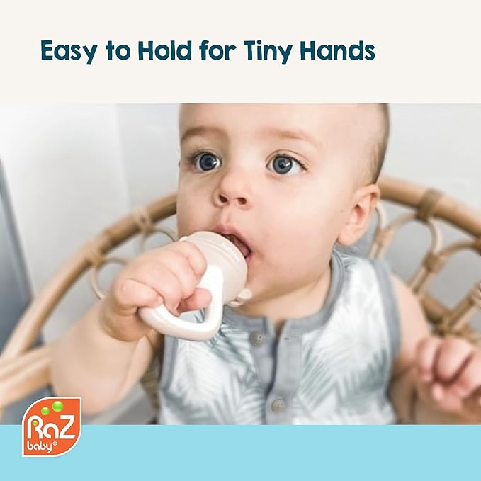 RaZbaby Baby Solids/Frozen Fruit Feeder Pacifier, Infant Teether Toy 6M+, BPA-Free Silicone Pouch & Nipple, Safely Introduce Solids, Natural Teething Relief, Dishwasher Safe, Freezable – Grey/White