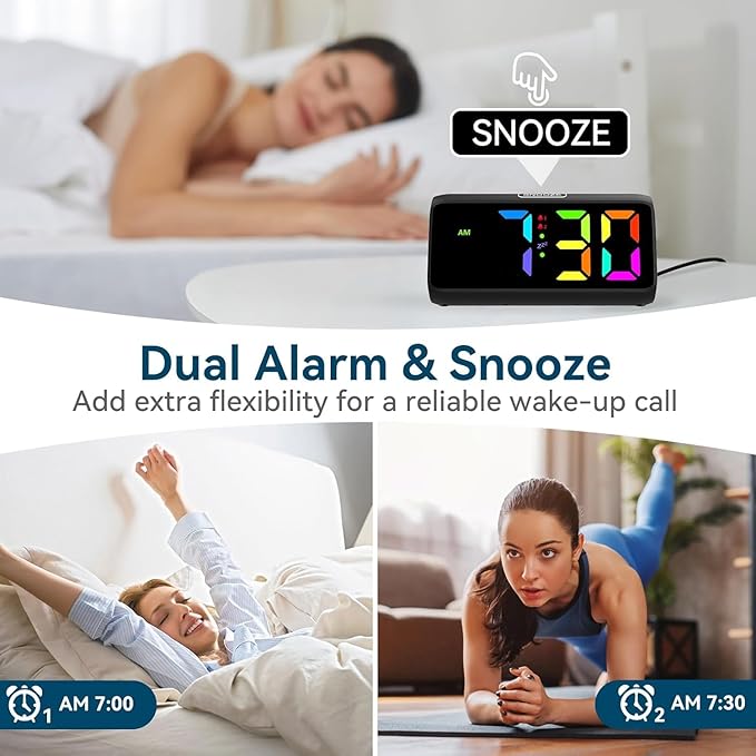 Netzu Loud Alarm Clock for Heavy Sleepers, RGB Alarm Clocks for Bedrooms Seniors Kids, Plug in Digital Clock with 5 Dimmers, 2 Alarms, 4 Volumes and Snooze