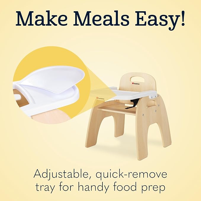 Foundations Easy Serve 13" Wood Feeding Chair for Toddlers, Adjustable Harness, Removable Dishwasher Safe Tray, “No Tip” Base, Baltic Birch Plywood