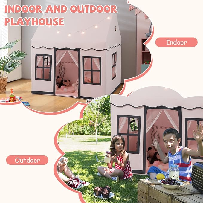 INFANS Kids Play Tent with Washable Mat Star Light Windows, Anti-Trip Large Playhouse Toys for Children Boys Girls, Indoor Outdoor Princess Tents Castle for Toddlers (Pink)