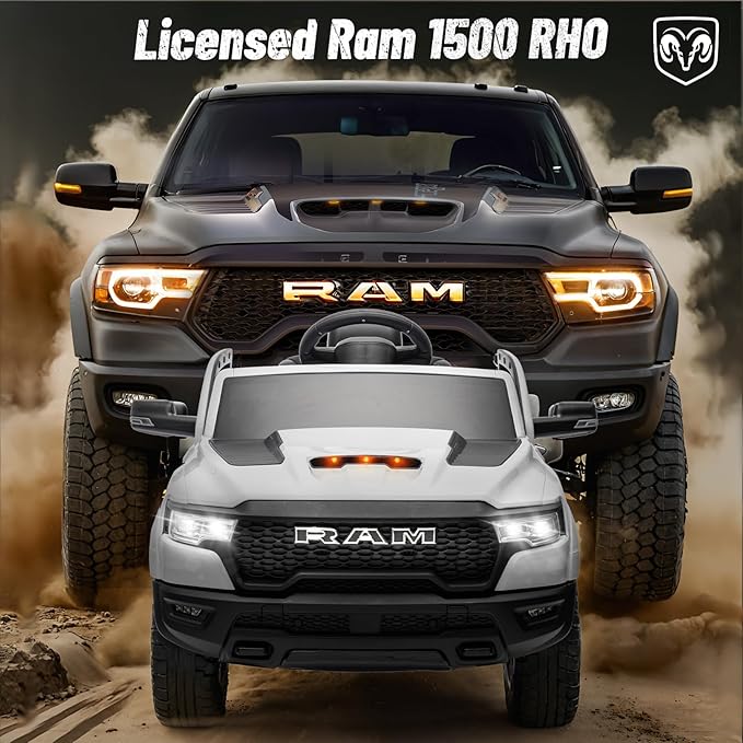 Licensed Ram 1500 Ride on Toys for Kids 4-8, Ride-on Electric Car for Kids with Remote Control, Battery Powered with Car Key/Gear Selector, LED Light/Music/MP3, Back Storage (White)