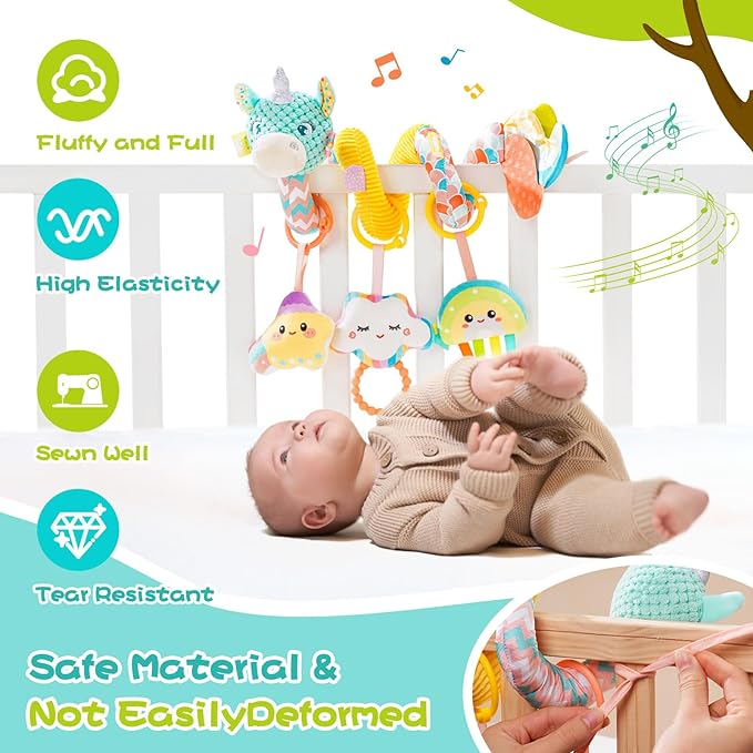 Car Seat Toys for Babies 0-6 Months, Hanging Spiral Stroller Toys, Infant Newborn Brain Development With Music Crinkle Teether Rattle for Baby Boy Girl 0-3-12 Months