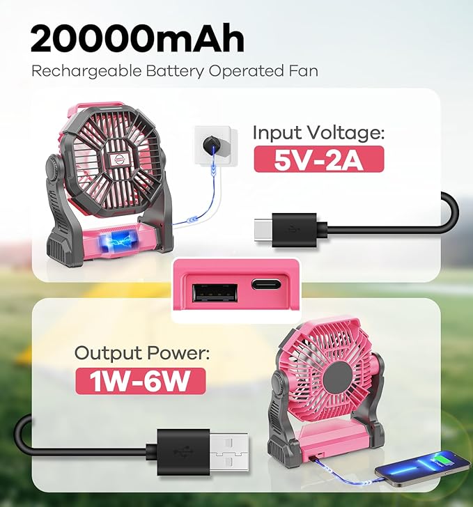 30000mAh Portable Battery Powered Camping Fan - with LED Light, Quiet Battery Operated, Camping Gear for Travel, Tent, Beach, Car or Hurricane Power Outages, Pink