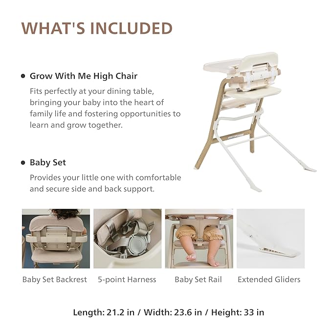 Unilove Grow with Me 2-in-1 Baby High Chair – Adjustable Toddler Chair with Baby Set, Removable Harness, One-Hand Seat & Footrest Adjustment, for Ages 6-60 Months - Sandy Beige