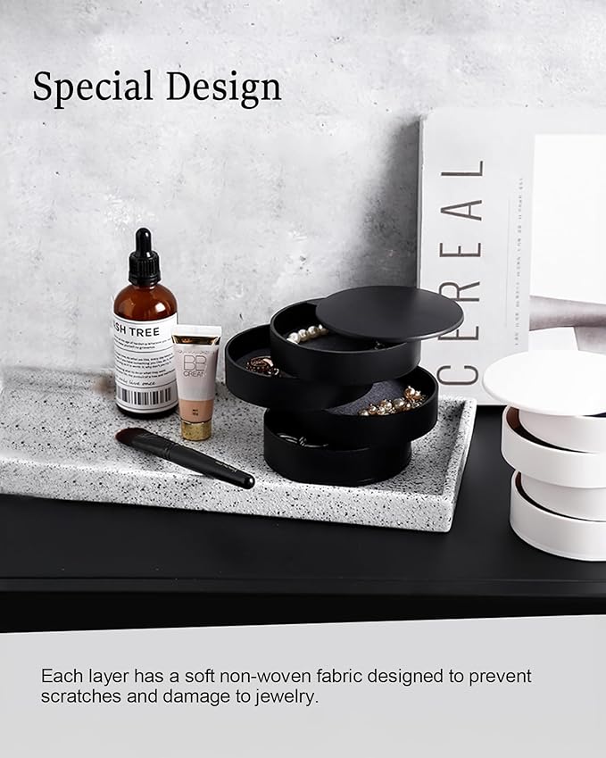 CONBOLA Jewelry Organizer, Small Jewelry Storage Box Earring Holder for Women, 5-Layer Rotating Travel Jewelry Tray Case with Lid for Bracelets Rings Bracelets, Gift for Women Teen Girls(White)