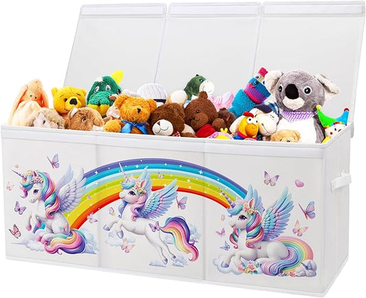 Large Toy Box Chest Organizer with Flip Lid for Kids, Collapsible Oxford Toy Storage Box with Handles for Boys Girls, Sturdy Waterproof Storage Organizer for Bedroom Playroom Nursery, 37.7×12.5×15.7''