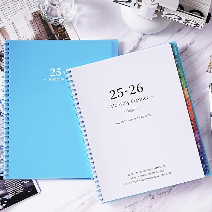 Monthly Planner 2025-2026 - JUL 2025 - DEC 2026 Planner/Calendar, 18 Monthly, with Colorful Tabs, Planner for Daily Organizing - Waterproof Cover (8" x10", Notes Pages, Light Blue)
