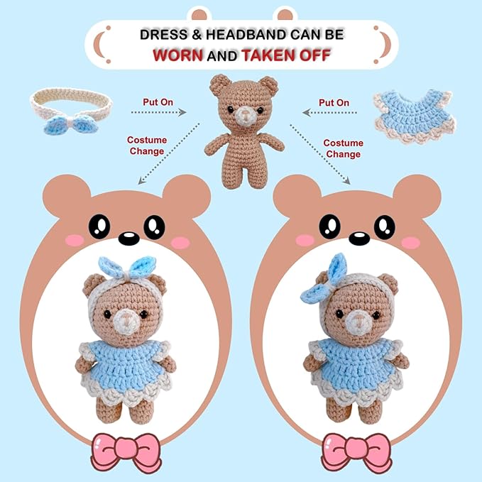 LoopMap Crochet Kit for Beginners - DIY Amigurumi Bear with Removable Dress & Accessories - Step-by-Step Video Tutorials, Extra Yarn, Crochet Tools, Handmade Gift for Kids & Adults (Bear K01, Blue)