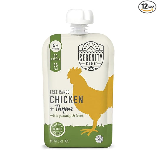 Serenity Kids 6+ Months Chicken Baby Food Pouches - BPA-Free Pouches - Free-Range Chicken & Organic Parsnip, Beet & Thyme - Protein-Rich & No Added Sugar - 3.5 Oz, 12 Pack